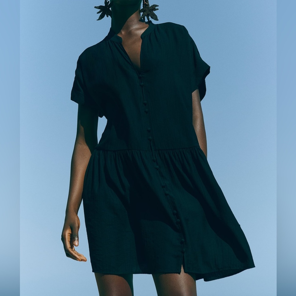 🌝20% Elegant Black Button-Down Crinkled Tunic Dress